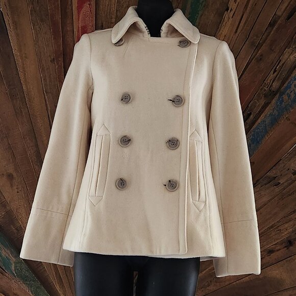 J. Crew Wool ivory/cream double breasted pea coat Sz XS pockets - Picture 2 of 11